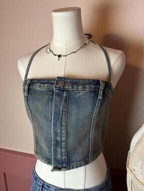 grunge denim corset crop top blue dark wash sz small halter cotton baddie biker